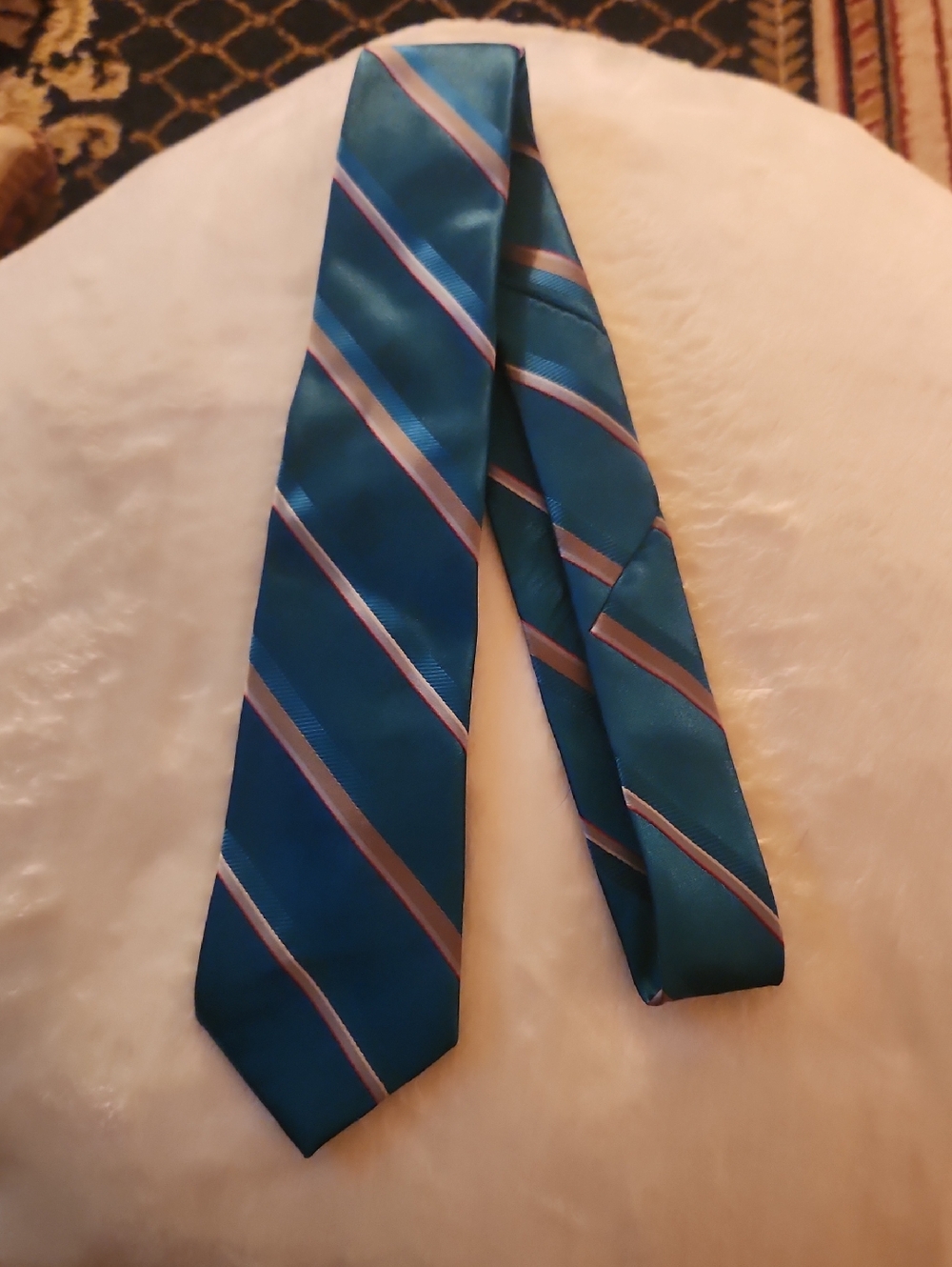 Sears Teal Blue Striped Tie with Silver and Light Pink Accents